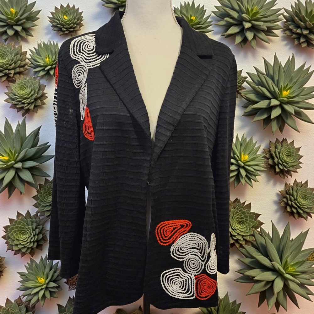 Ming Wang Black Blazer with Red and White Embroidery Sz Large - Picture 5 of 13